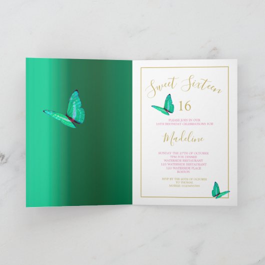 Sweet SixteenEmerald Green Butterflies Birthday Kaart (Binnen)