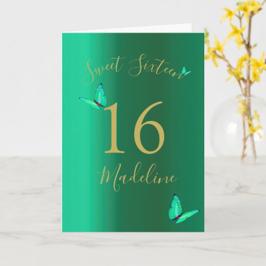 Sweet SixteenEmerald Green Butterflies Birthday Kaart (Gele Bloem)