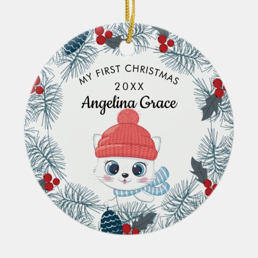 Sweet Skating Cat Baby's eerste Kerstmis Keramisch Ornament (Voorkant)
