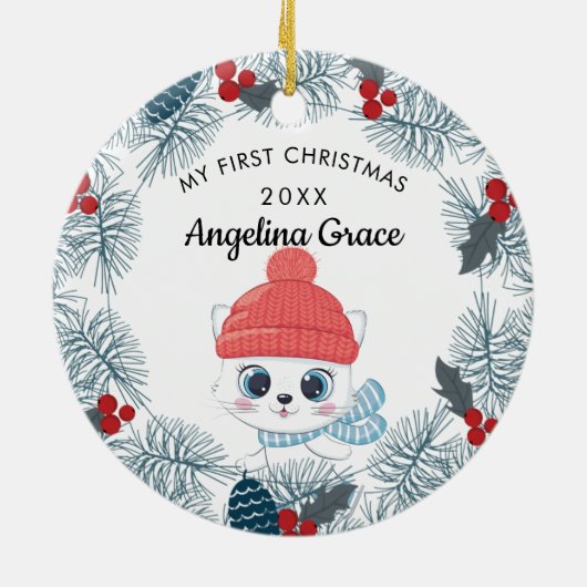 Sweet Skating Cat Baby's eerste Kerstmis Keramisch Ornament (Achterkant)