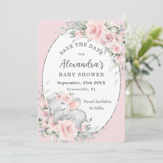 Sweet Sleeping Elephant Roze Bloemen Baby shower Save The Date (Staand voorkant)