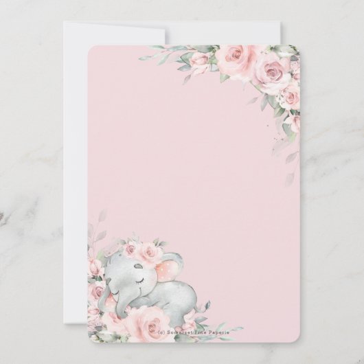 Sweet Sleeping Elephant Roze Bloemen Baby shower Save The Date (Achterkant)