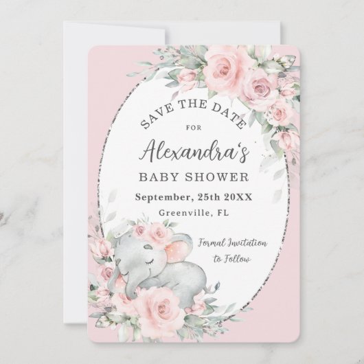 Sweet Sleeping Elephant Roze Bloemen Baby shower Save The Date (Voorkant)