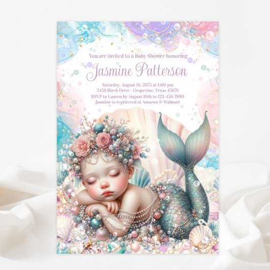Sweet Sleeping Mermaid Baby shower Kaart