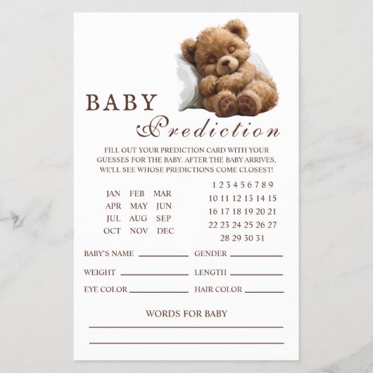 Sweet Sleeping Teddy Bear Baby Voorspellingen Kaar Flyer (Voorkant)