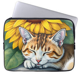 Sweet Sleepy Kitty Cat and Sunflowers Laptop Sleeve