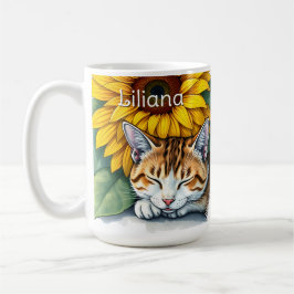 Sweet Sleepy Kitty Cat and Sunflowers Personalized Koffiemok