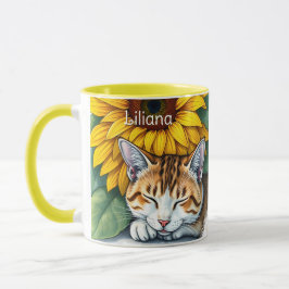 Sweet Sleepy Kitty Cat and Sunflowers Personalized Mok