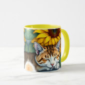 Sweet Sleepy Kitty Cat and Sunflowers Personalized Mok (Voorkant rechts)