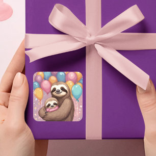 Sweet Sloth Baby shower Meisje Roze Ballonnen Vierkante Sticker