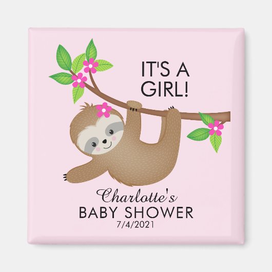 Sweet Sloth Girls Baby shower Favor Magnet (Voorkant)