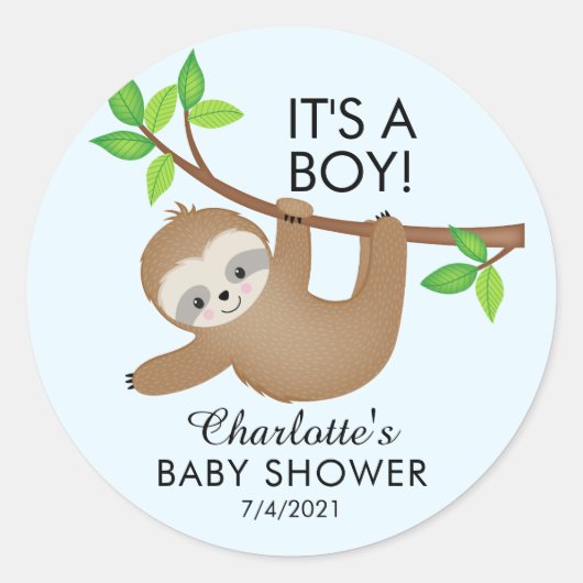 Sweet Sloth Het is een Boy Baby shower Favor Stick Ronde Sticker (Voorkant)