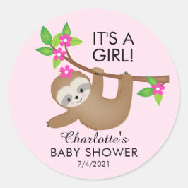 Sweet Sloth Het is een meisje Baby shower gunst St Ronde Sticker