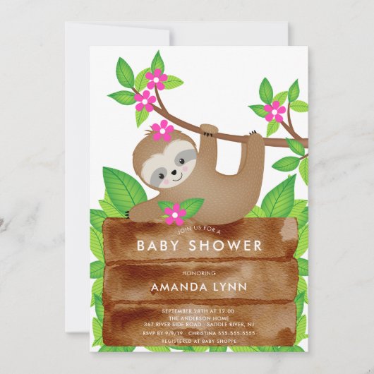 Sweet Sloth Meisjes Baby shower Uitnodiging (Voorkant)