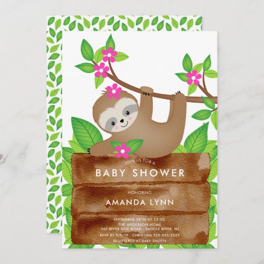 Sweet Sloth Meisjes Baby shower Uitnodiging (Voorkant / Achterkant)