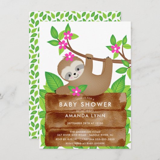 Sweet Sloth Meisjes Baby shower Uitnodiging (Voorkant / Achterkant)