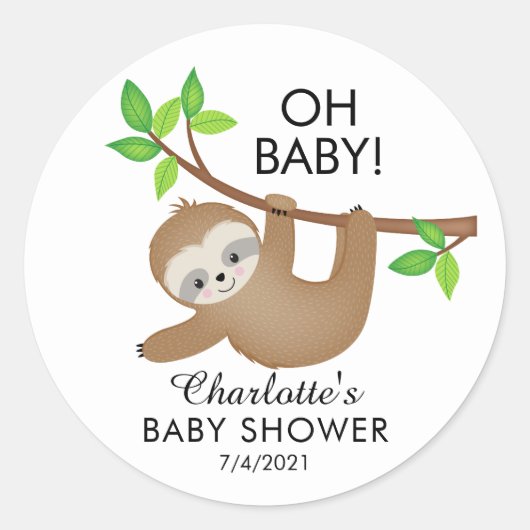 Sweet Sloth OH BABY Neutral Douche Favor Sticker (Voorkant)