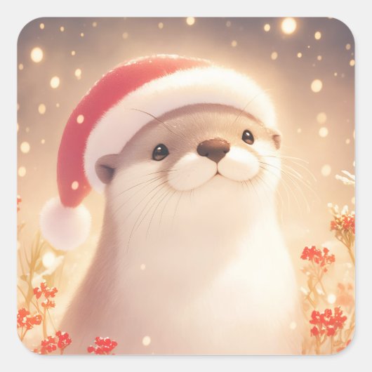 Sweet Smiling Otter in Santa Hat with Red Berries Vierkante Sticker (Voorkant)
