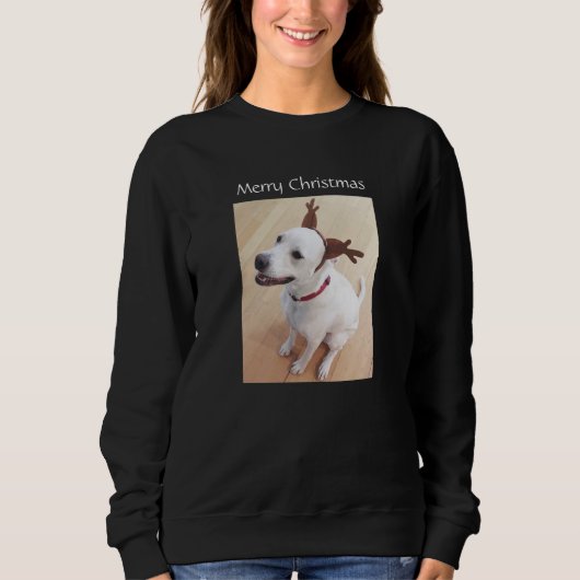 Sweet Smiling White Reindeer Dog Kerstmis Trui (Voorkant)