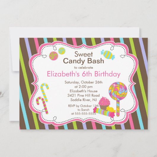 Sweet Snoep Bash Girl Birthday Party Invitation Kaart (Voorkant)