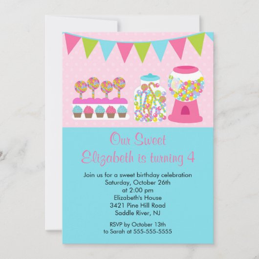 Sweet Snoep Bash Girl Birthday Party Invitation Kaart (Voorkant)