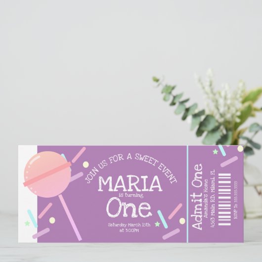 Sweet Snoep Buffet Birthday Ticket Party Kaart (Staand voorkant)