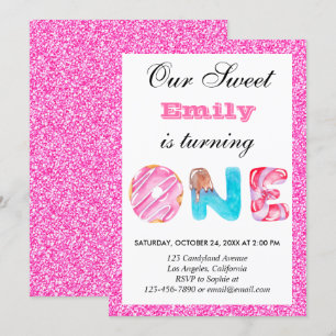 Sweet Snoep Hot Pink Glitter First Birthday One Kaart
