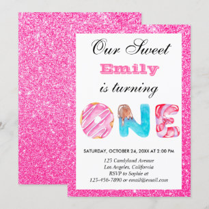 Sweet Snoep Hot Pink Glitter First Birthday One Kaart