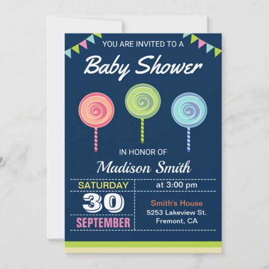 Sweet Snoep Lollipops Baby shower Invitation Kaart (Voorkant)