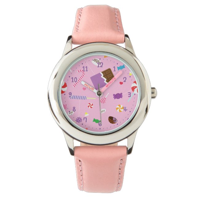 Sweet Snoep Pattern Meisjes Gepersonaliseerd Roze Horloge (Voorkant)