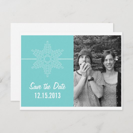 Sweet Snowflake Save the Date Briefkaart, Aqua Aankondigingskaart (Voorkant / Achterkant)
