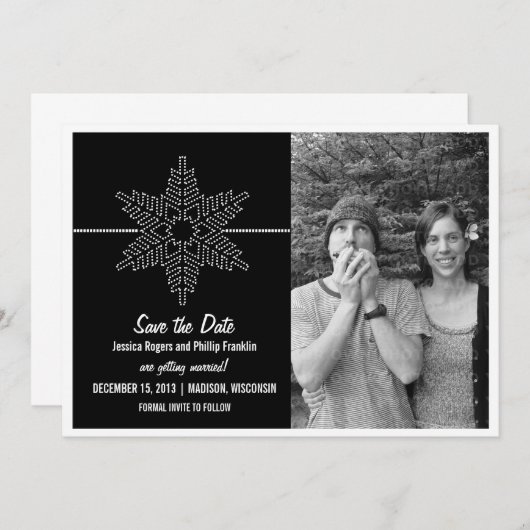 Sweet Snowflake Save the Date Invite, Black Kaart (Voorkant / Achterkant)