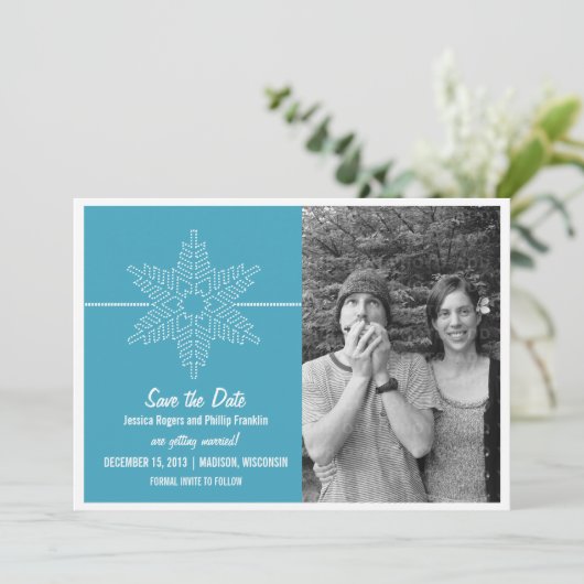 Sweet Snowflake Save the Date Invite, Blue Kaart (Staand voorkant)