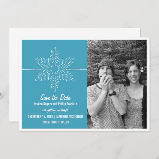 Sweet Snowflake Save the Date Invite, Blue Kaart (Voorkant / Achterkant)