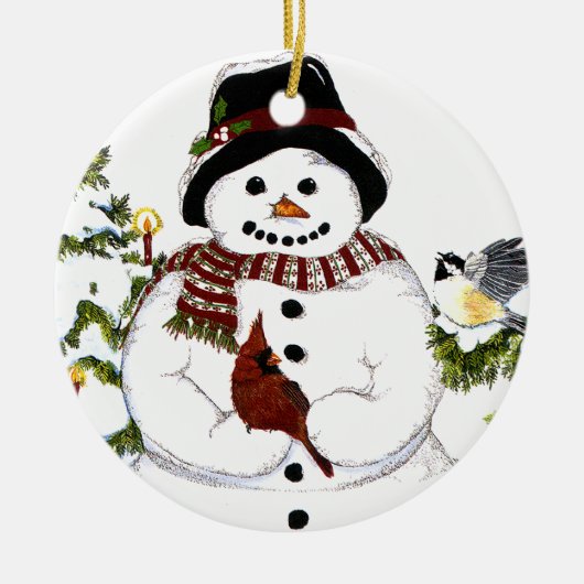 Sweet snowlady en kardinaal, chickadee ornament. keramisch ornament (Voorkant)