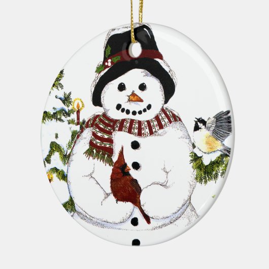 Sweet snowlady en kardinaal, chickadee ornament. keramisch ornament (Links)