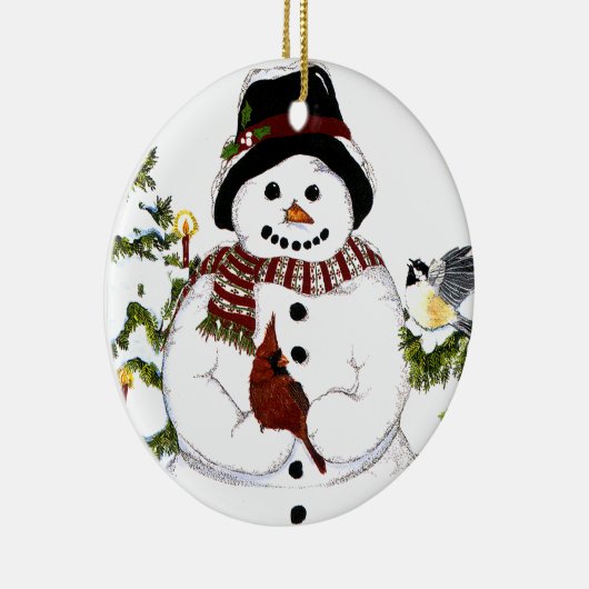 Sweet snowlady en kardinaal, chickadee ornament. keramisch ornament (Rechts)