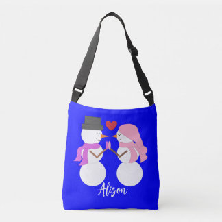 Sweet Snowpeople in Love: Blue Crossbody Tas