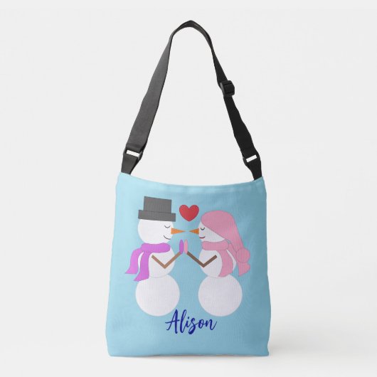 Sweet Snowpeople in Love:  Light Blue Crossbody Tas (Voorkant)
