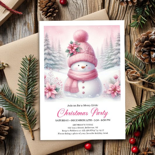 Sweet Snowy Forest Pink Snowman Editable Christmas Kaart