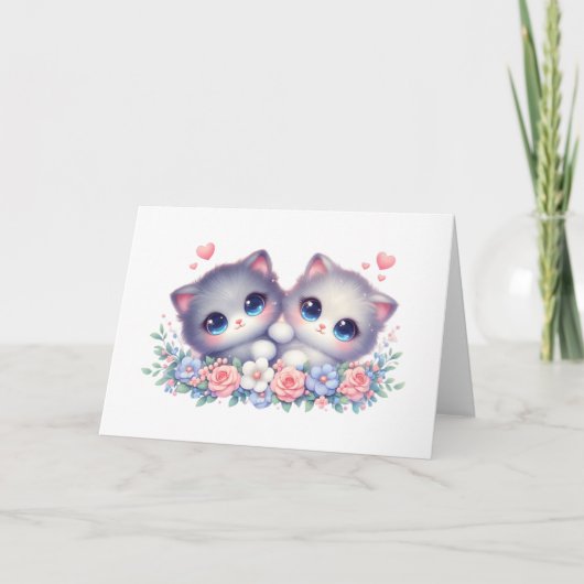 Sweet Snuggly Kitten Duo Floral Blank Greeting  Kaart (Voorkant)