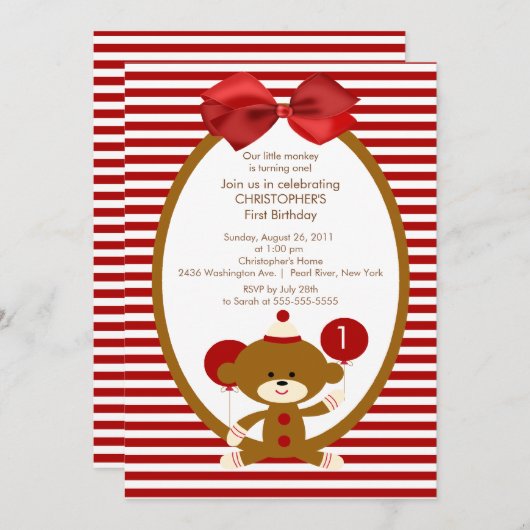 Sweet Sock Monkey kinderen Birthday Uitnodiging (Voorkant / Achterkant)