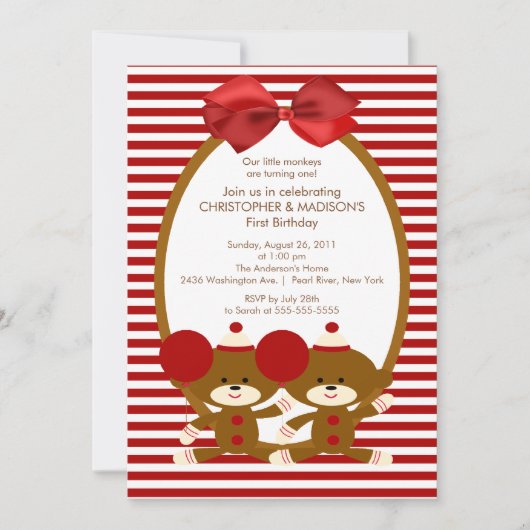 Sweet Sock Monkeys TWINS Birthday Invitation Kaart (Voorkant)