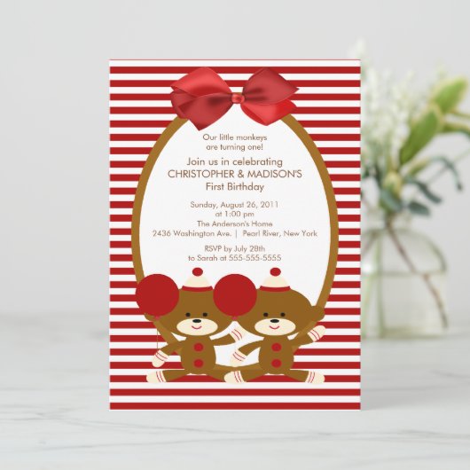 Sweet Sock Monkeys TWINS Birthday Invitation Kaart (Staand voorkant)