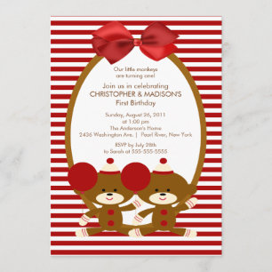 Sweet Sock Monkeys TWINS Birthday Invitation Kaart