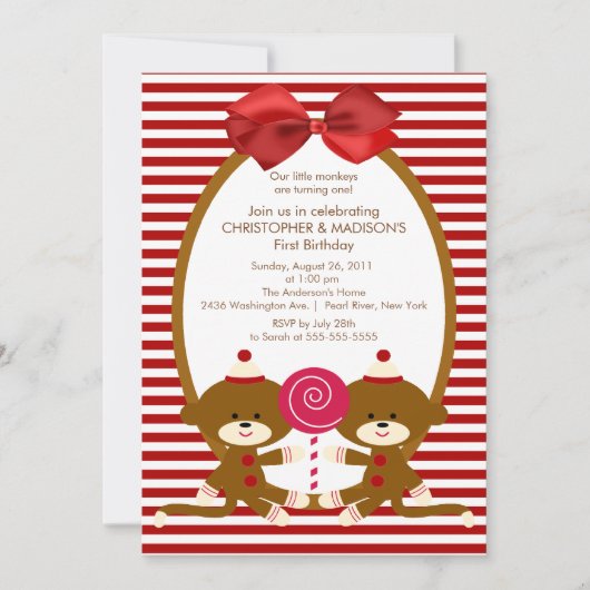 Sweet Sock Monkeys TWINS Birthday Invitation Kaart (Voorkant)