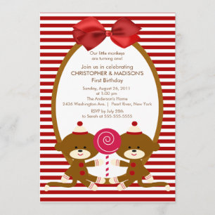 Sweet Sock Monkeys TWINS Birthday Invitation Kaart