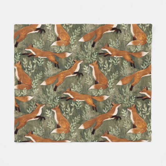 Sweet Speelse Vossen in Rust Brown op Olijfgroen Fleece Deken (Voorkant (Horizontaal))