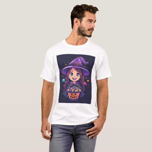 Sweet Spell – Little Halloween Witch with Candy Ba T-shirt (Voorkant volledig)