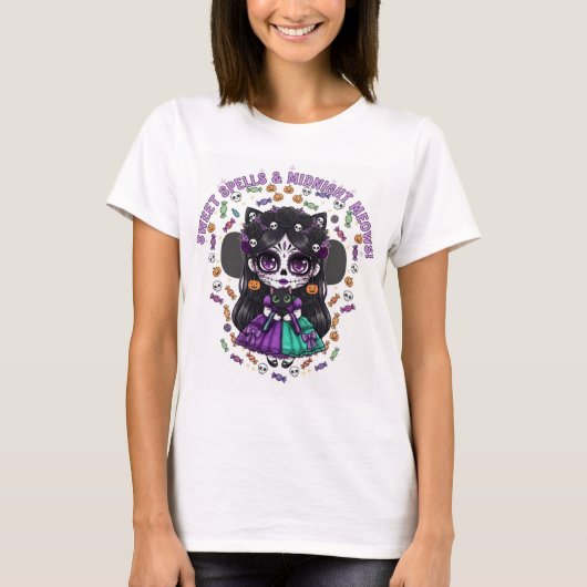 Sweet Spells & Midnight Meows – Catrina Kawaii de T-shirt (Voorkant)